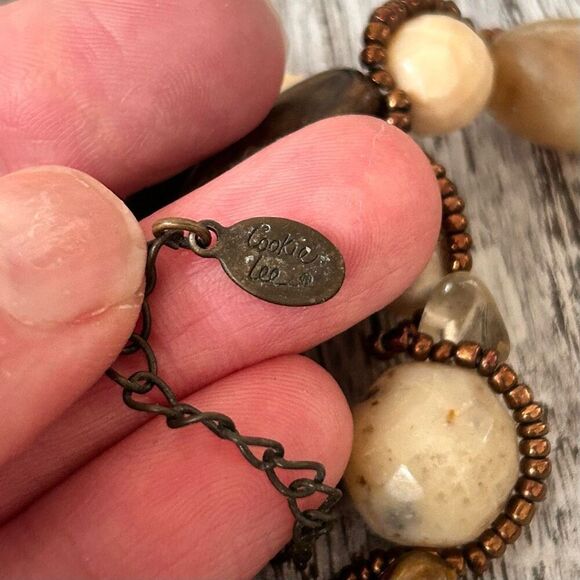 Cookie Lee Neutral Tone Beaded Necklace 10” Drop Cream Brown Tan - Picture 5 of 6